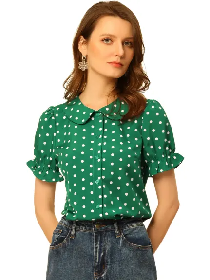 Allegra K- Puff Sleeve Polka Dots Peter Pan Collar Shirt