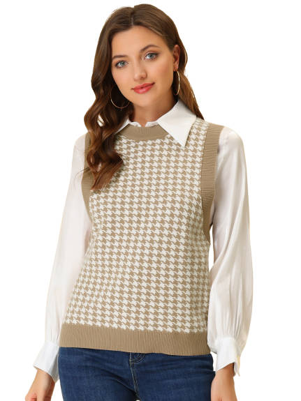 Allegra K- Round Neck Vest Sleeveless Houndstooth Plaid Sweater