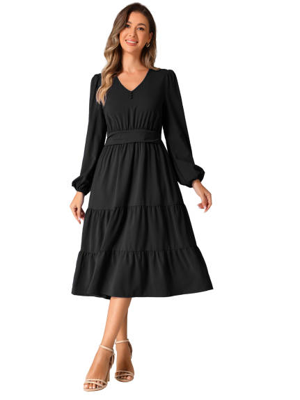 Allegra K - V Neck Lantern Sleeve Ruffle Flowy Dress