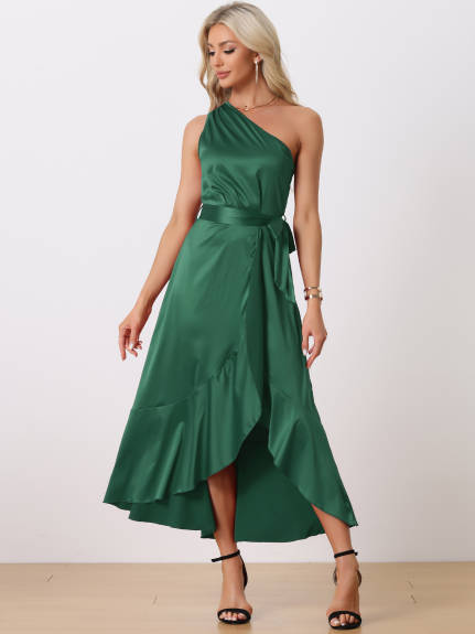 Allegra K- Satin One Shoulder Belted Split Dress