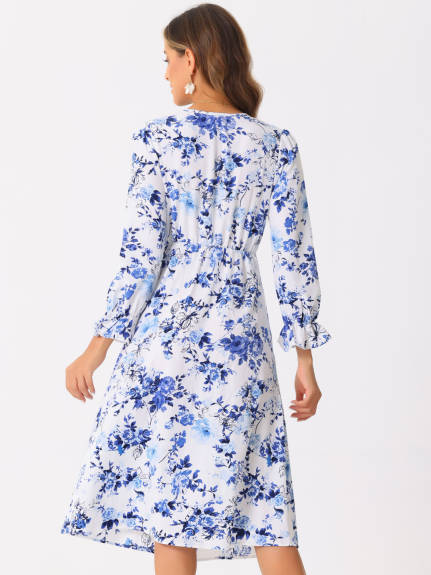 Allegra K - Floral Ruffle Wrap Waist Chiffon Dress