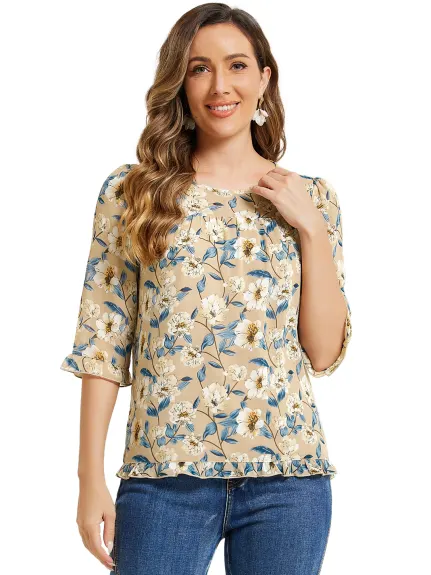 Allegra K- Blouse florale en mousseline à manches 3/4 et à volants