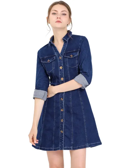 Allegra K- Robe chemise en jean à manches retroussées et col en V