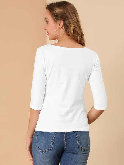 Allegra K- Elbow Sleeves Round Neck Slim Fit Tee