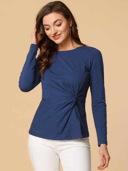 Allegra K- Round Neck Front Twist Ruched Top