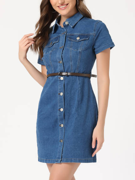 Allegra K- Collar Short Sleeve Belted Denim Shirt Dress