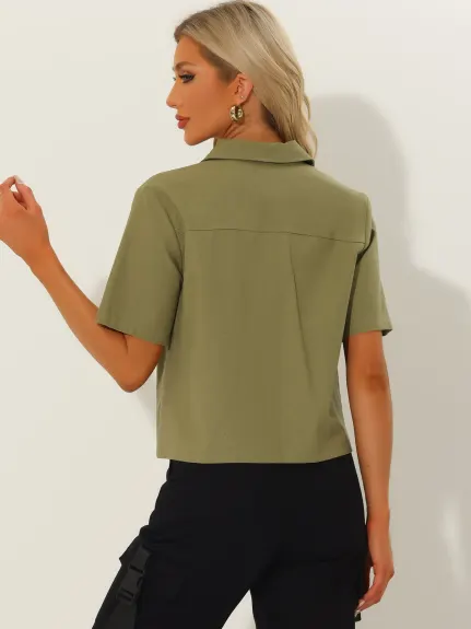 Allegra K- Veste boutonnée à manches courtes et col rabattu