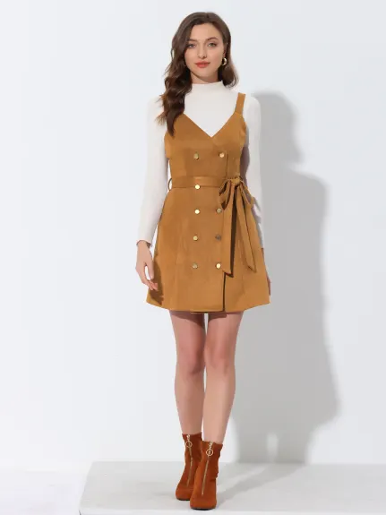 Allegra K- Faux Suede V Neck Button Down Belted Pinafore Overall Dress