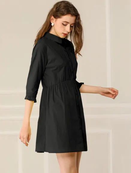 Allegra K- Mini-robe chemise évasée boutonnée à manches 3/4