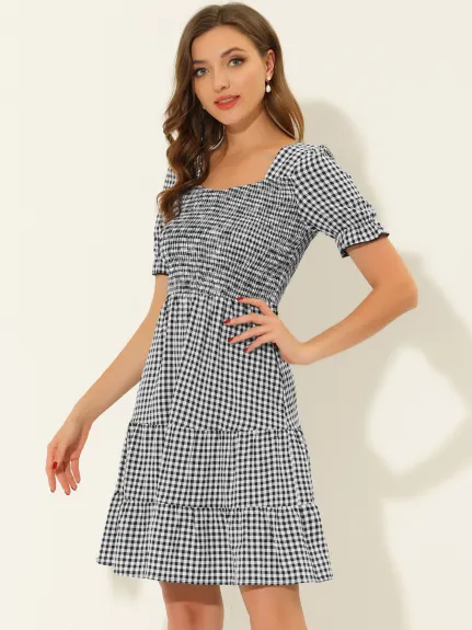 Allegra K- Plaid Gingham Ruffle Tiered Puff Sleeve Dress