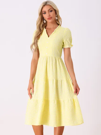 Allegra K- Gingham Ruffle Trim V Neck Button Dress