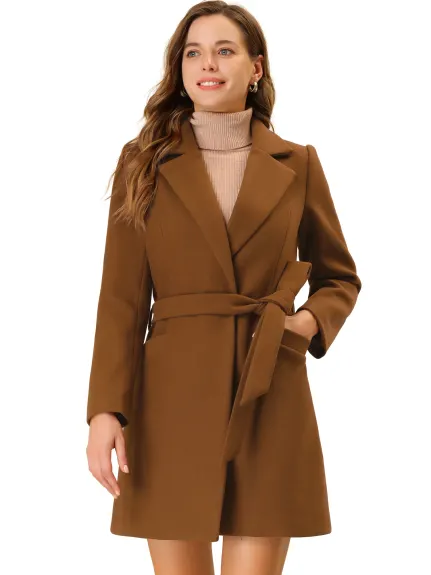 Allegra K- Notched Lapel Belted Wrap Coat with Pockets