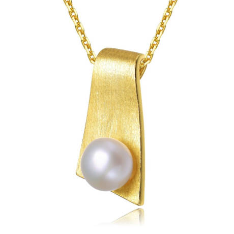 Genevive Sterling Silver 14k Yellow Gold Plated with Genuine Freshwater Pearl Rectangle Pendant Necklace