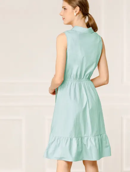 Allegra K- Cotton Sleeveless Belted Ruffled Shirt Dress