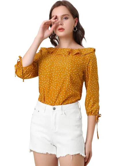 Allegra K- Ruffled Neck Half Sleeve Sheer Polka Dots Blouse