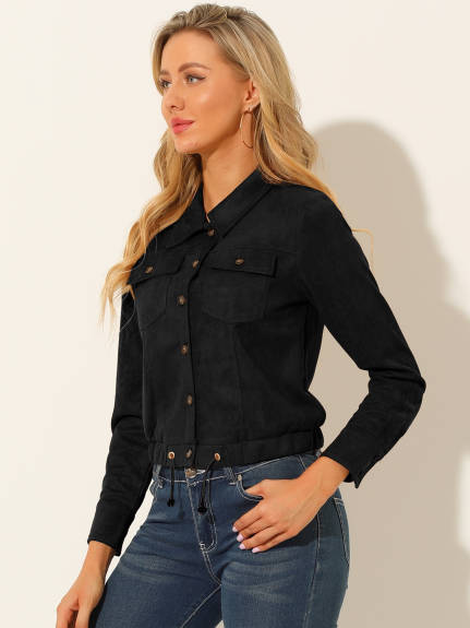 Allegra K- Faux Suede Point Collar Button Up Biker Moto Jacket