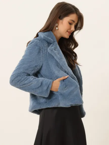 Allegra K- Notch Lapel Faux Fur Fluffy Cropped Coat