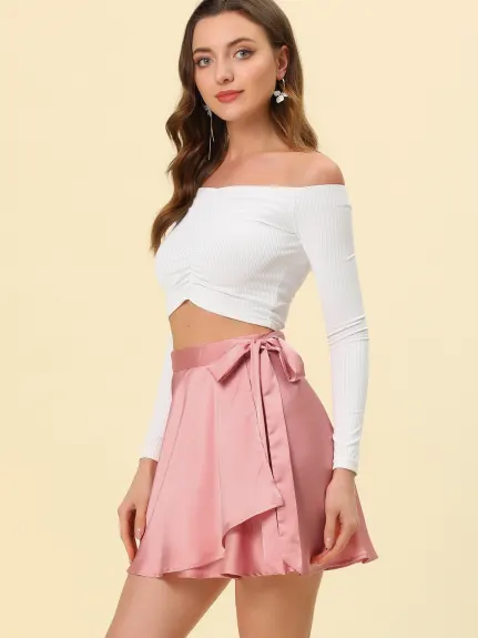 Allegra K- Satin Mini Wrap Skater Skirt