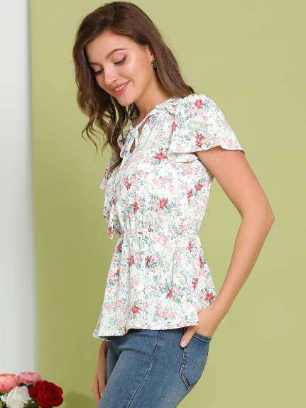 Allegra K - Summer Floral Flutter Sleeves Tie Neck Peplum Top