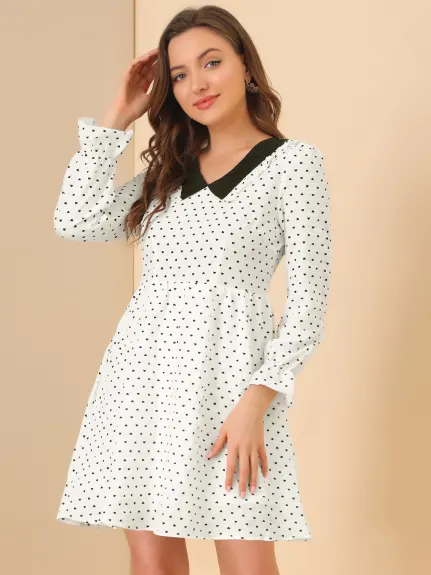 Allegra K- Puff Sleeve Heart Printed Flare Dress