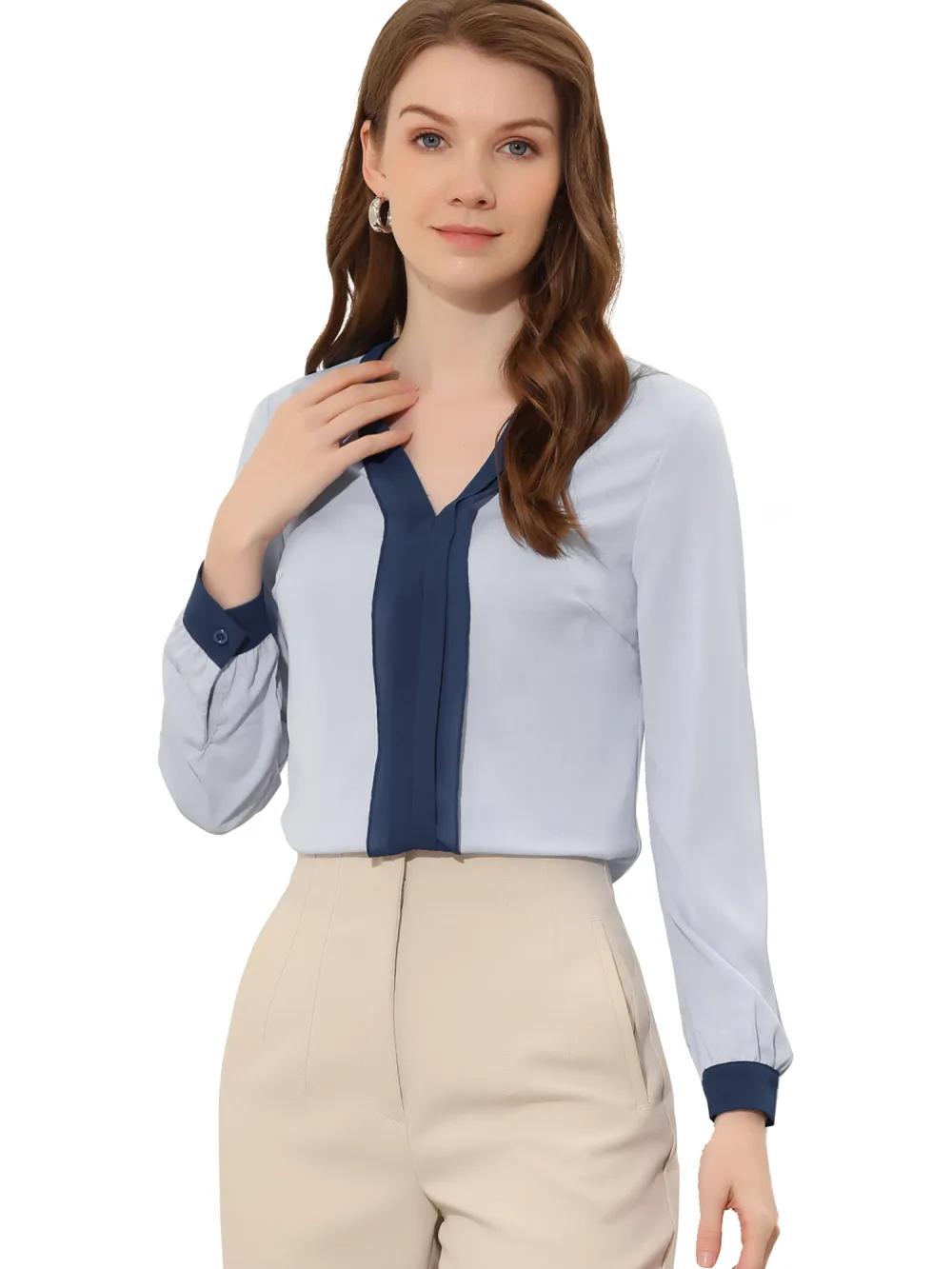 Allegra K - Pleated Front Contrast Color Blouse