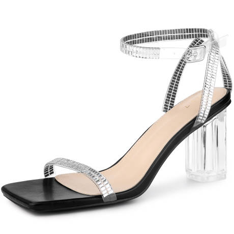 Allegra K- Rhinestone Strap Clear Block Heels Sandals