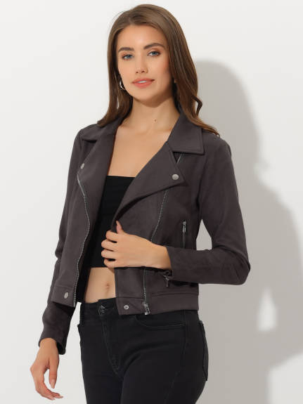 Allegra K- Faux Suede Zip Up Moto Biker Jacket