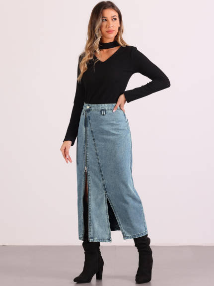 Allegra K- Zipper Front Jean Split Denim Skirt