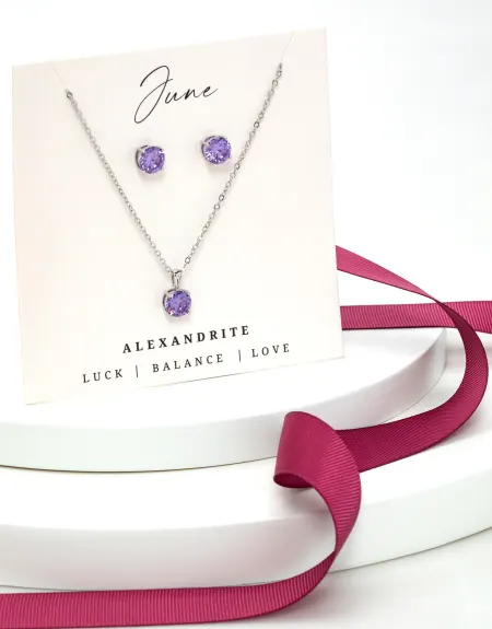 Silvertone June Alexandrite Birthstone CZ Earring & Necklace Set