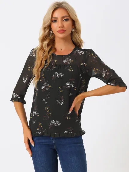 Allegra K- Blouse florale en mousseline à manches 3/4 et à volants