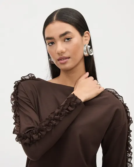 Long-Sleeve Boat-Neck T-Shirt with Ruffles