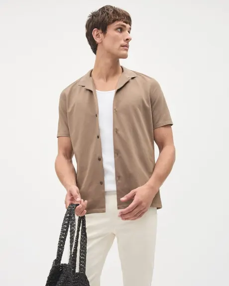 Slim-Fit Short-Sleeve Knit Shirt with Camp Collar