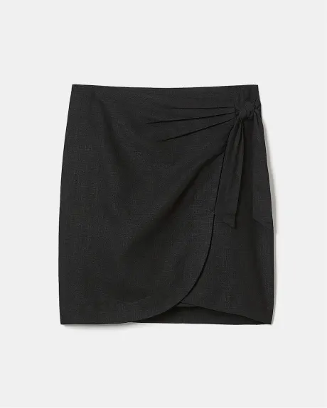 Black Linen-Blend Short-Skirt with Wrap Detail