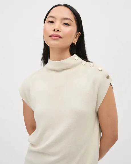 Sleeveless Mock-Neck Sweater with Buttons at Shoulder