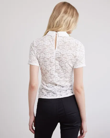 Short-Sleeve Lace Blouse with Shirt Collar