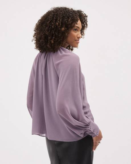 Long-Puffy-Sleeve Mock-Neck Blouse with Bold Flower