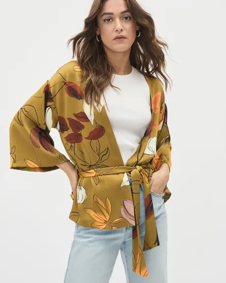 3/4-Sleeve Kimono Blouse with Floral Pattern