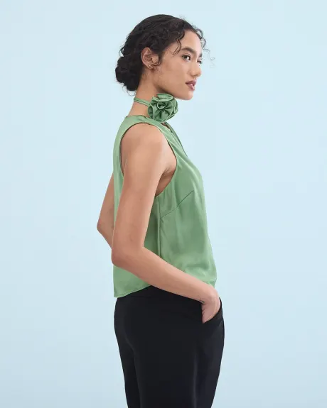 Green Sleeveless Crew-Neck Satin Blouse with Flower Neck Band
