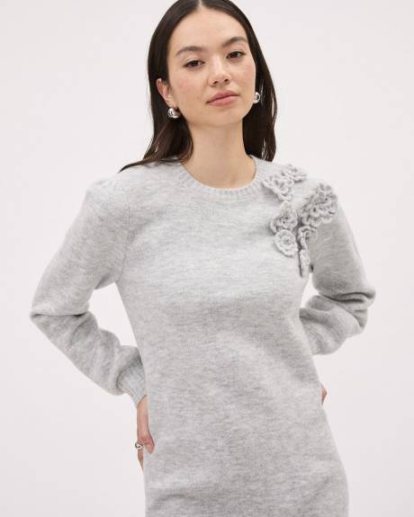 Long-Sleeve Crew-Neck Mini Dress with Flower Appliqué