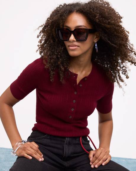 Pull Henley à Manches aux Coudes en Mélange de Laine