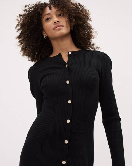 Long-Sleeve Fit and Flare Buttoned-Down Ribbed Dress