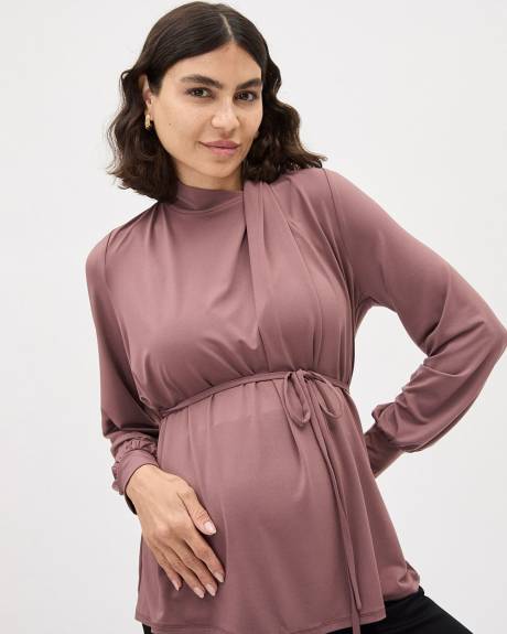 Long-Sleeve Pleated Mock-Neck Top - Thyme Maternity