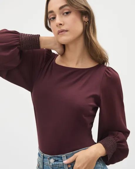 Mix-Media Boat-Neck Top with Long Puffy Sleeves