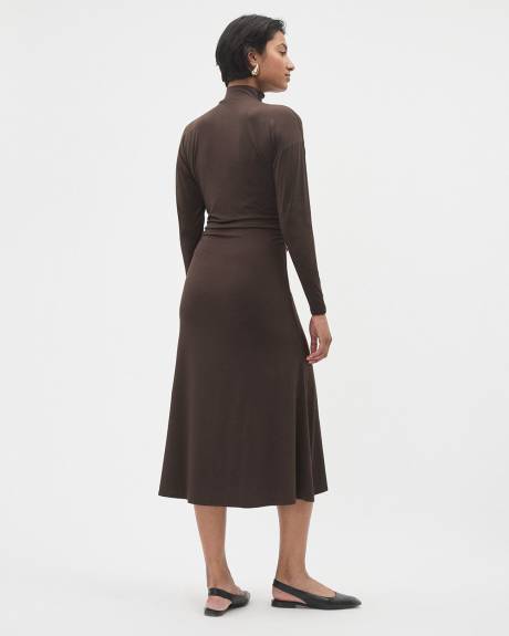 Long-Sleeve Fit and Flare Midi Dress with Funnel Neckline