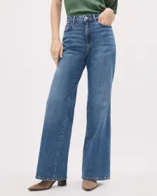 Long Medium-Wash High-Waisted Wide-Leg Jeans