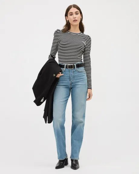 Long-Sleeve Crew-Neck Ribbed Top with Stripes