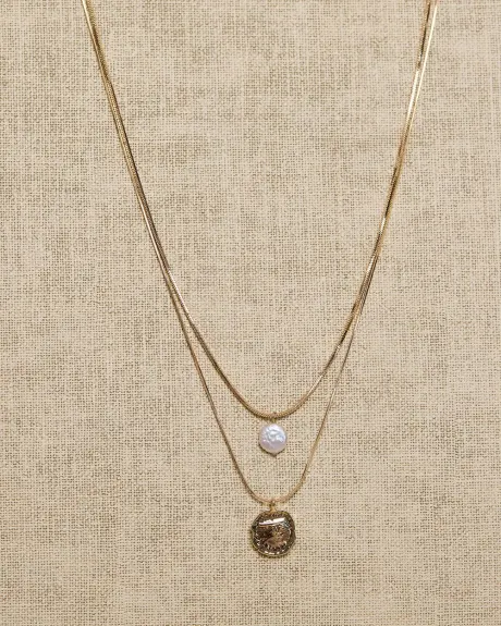 Double-Chain Necklace with Pearl and Coin Pendant