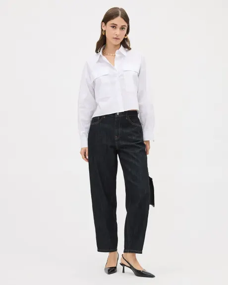 Cropped Long-Sleeve Buttoned-Down Poplin Blouse