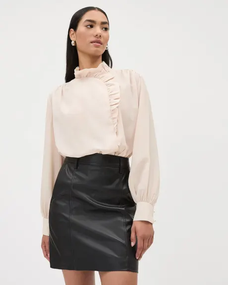 Long-Sleeve Mock-Neck Buttoned-Down Blouse with Ruffles