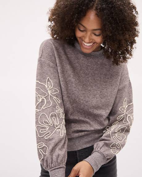 Long-Sleeve Crew-Neck Top with Flowers